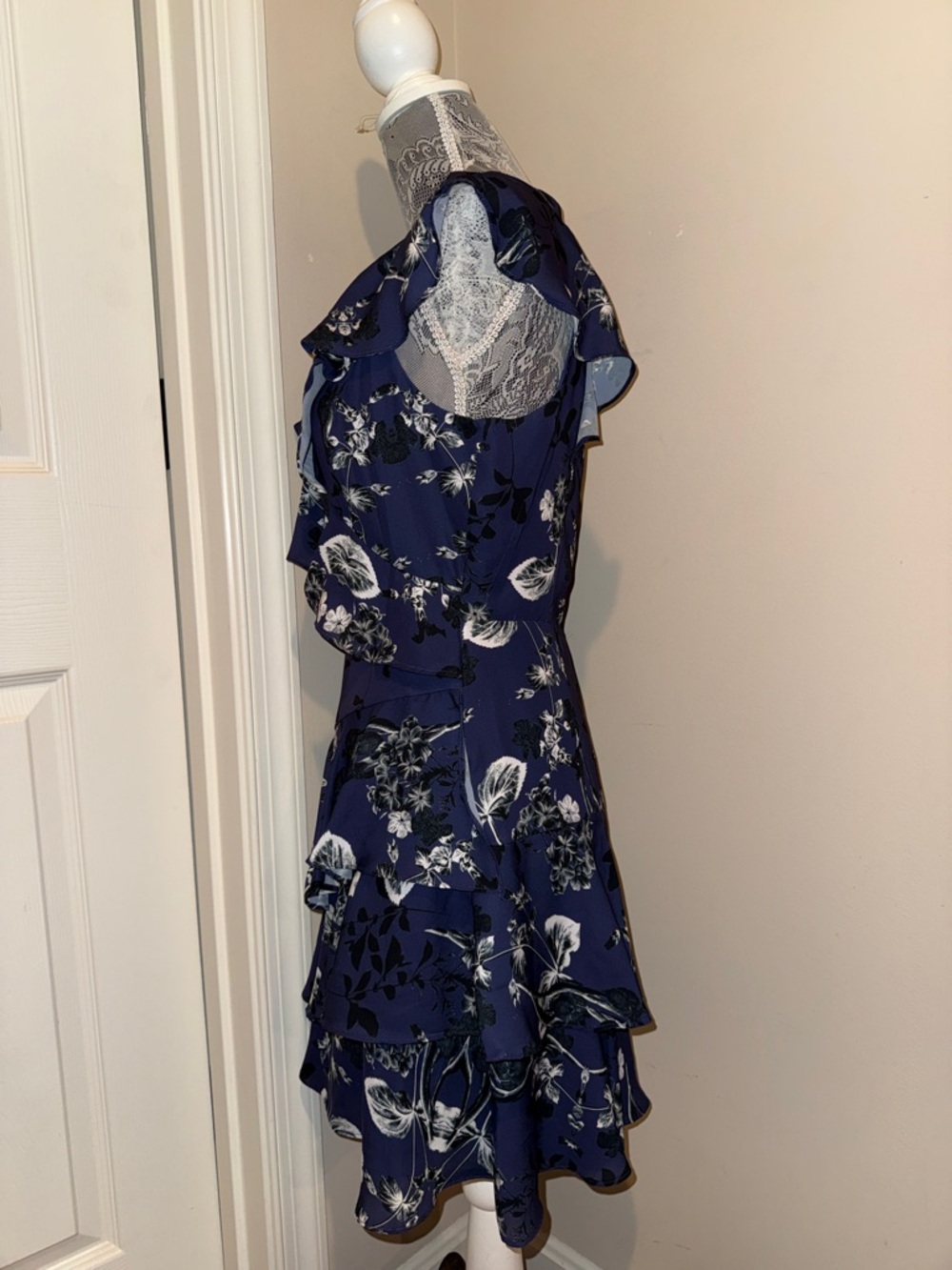 Parker Navy Paradise Floral Ruffle V-Neck Mini Dress - Picture 4 of 5